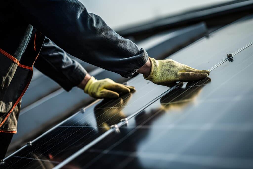 Employee of a solar panel installation company on the roof